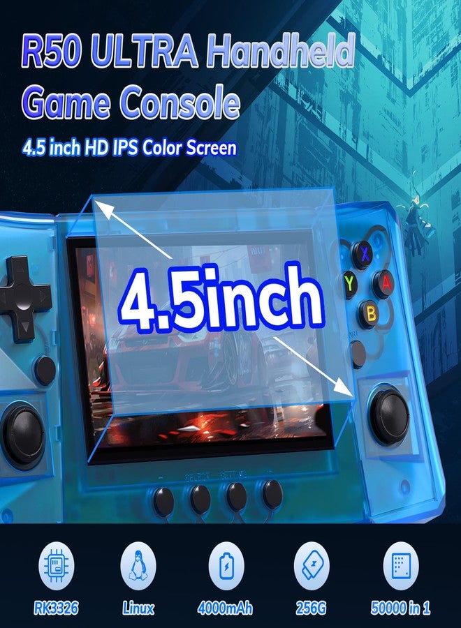 FVBADE[50000 in 1] R50S Ultra Handheld Game Console 4.5 inch IPS Screen Mini Retro Console 4000mAh Portable Pocket Arcade 45+ Mainstream Emulator 256G TF Card Transparent.(Red) - Image 2